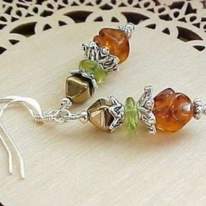 Falling Leaves Fall Autumn Amber Green Gold Handmade Czech Glass Bead Earrings